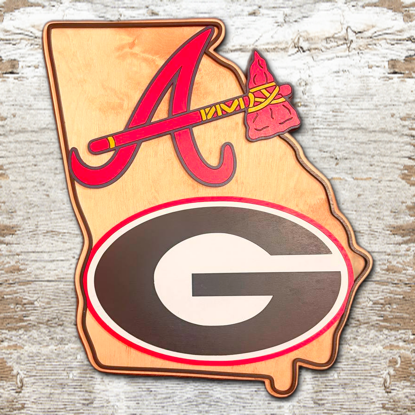 Georgia Bulldogs and Atlanta Braves wood wall sign on white wood background