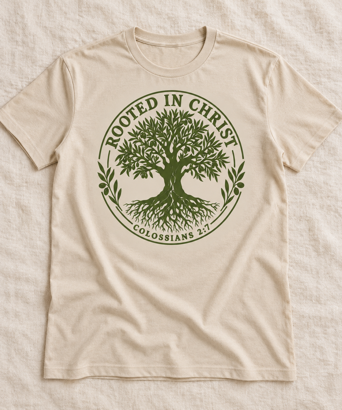 Rooted in Christ Christian T-shirt in Sand