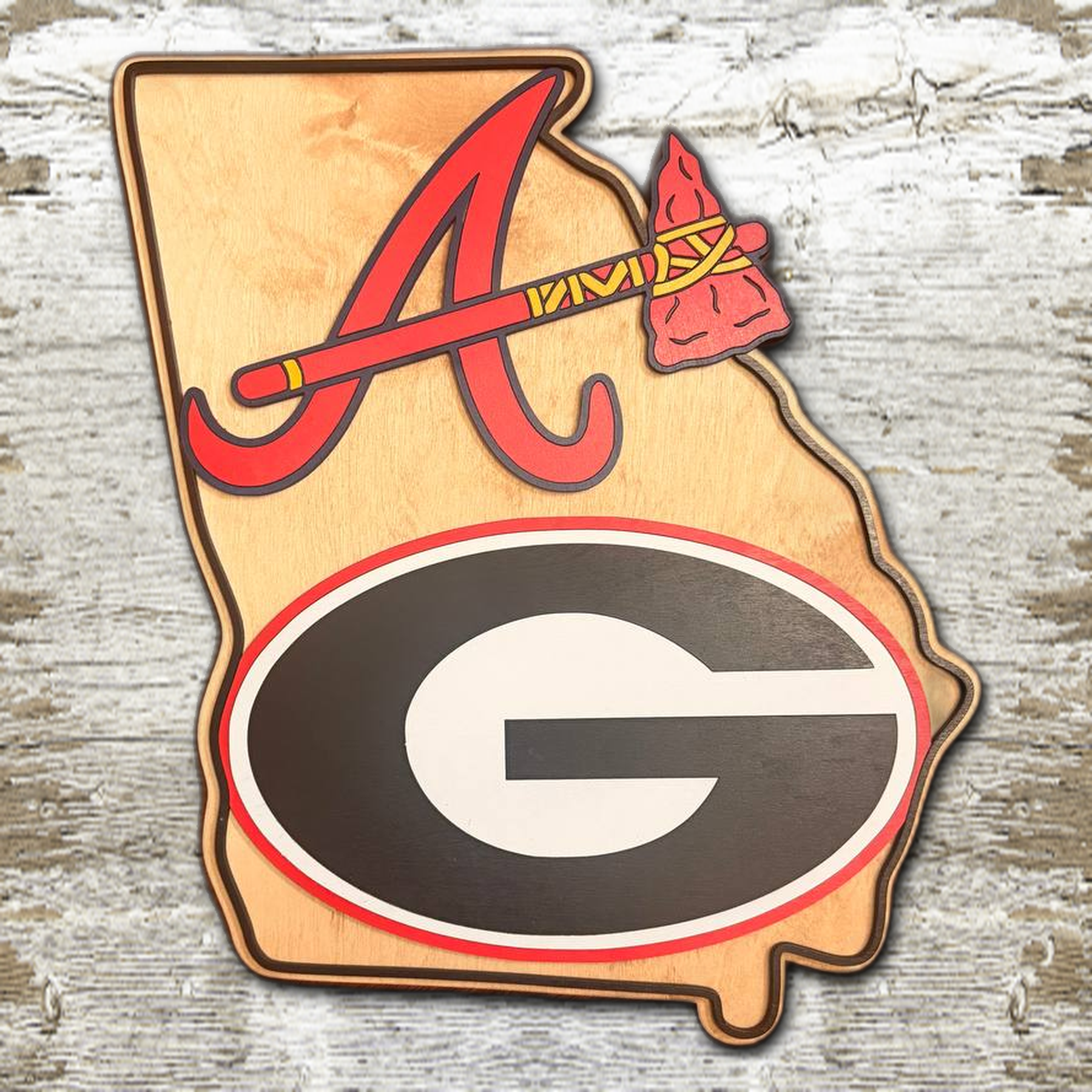 Georgia Bulldogs and Atlanta Braves wood wall sign on white wood background