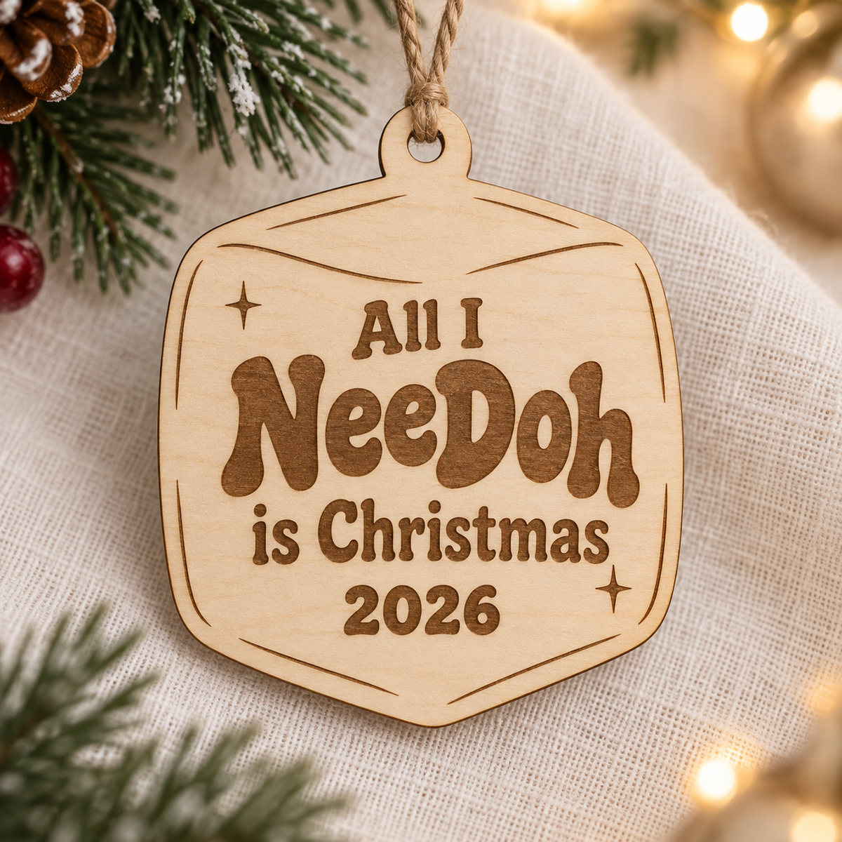 All I NeeDoh Is Christmas — 2026 Wood Ornament — design mockup, not a finished-product photograph