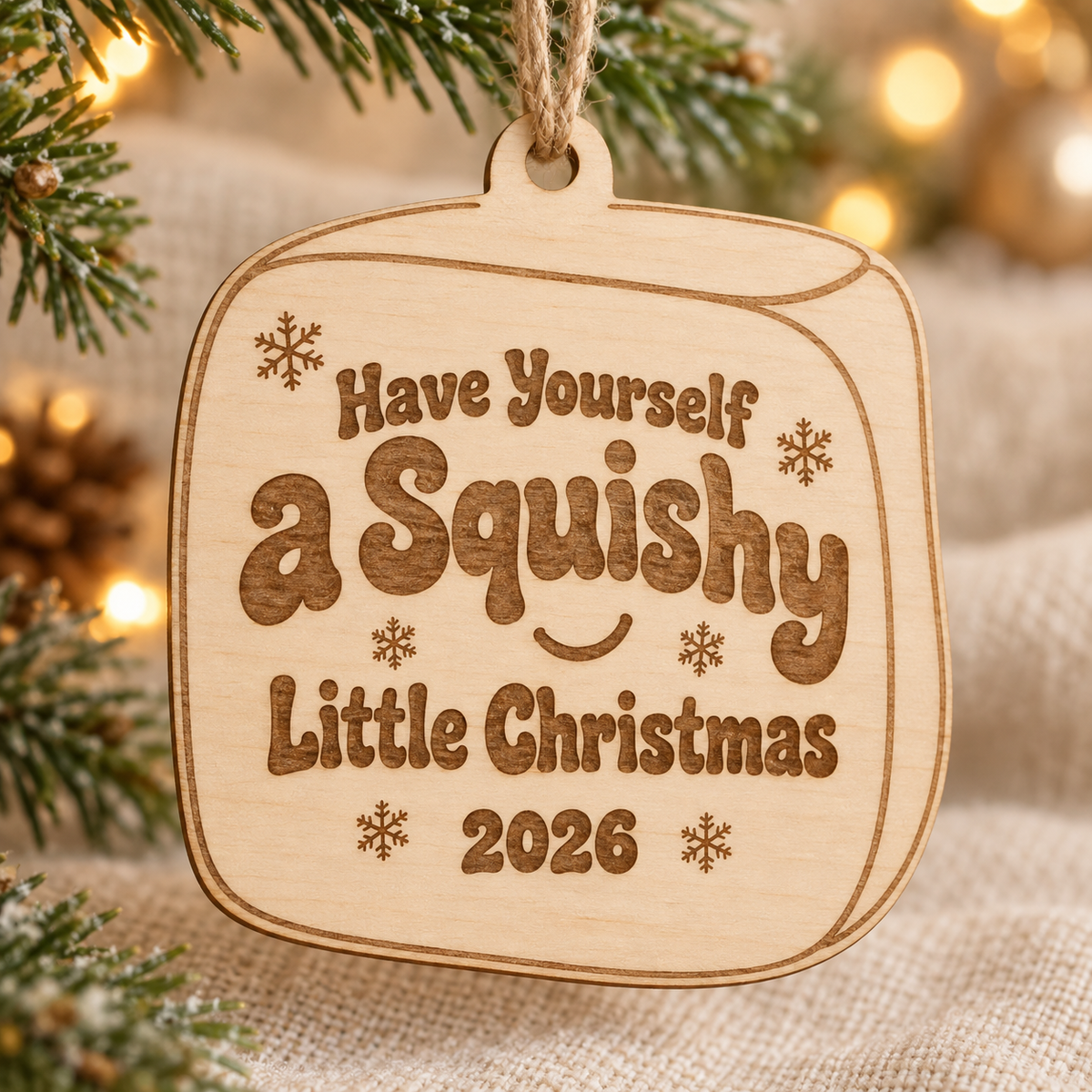 Have Yourself a Squishy Little Christmas — 2026 Wood Ornament — design mockup, not a finished-product photograph