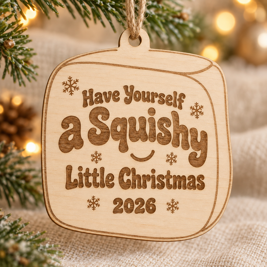 Have Yourself a Squishy Little Christmas — 2026 Wood Ornament — design mockup, not a finished-product photograph